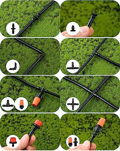 300Pcs Drip Irrigation Fittings Kit for 1/4" Tubing, Drip Line Connectors for Drip Systems- Drip Emitters, Nozzles, Nozzle Tees, Single barbs, 4-Way Connectors, End Plugs, Elbows, Tees, Couplings