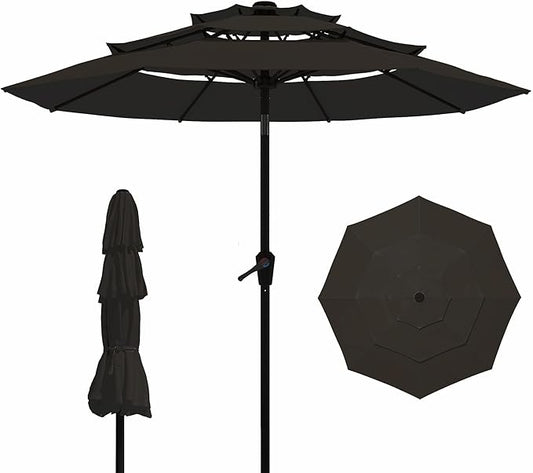 9FT 3 Tiers Patio Umbrella With Auto Tilt and Crank, Outdoor Table Market Umbrella with 8 Sturdy Ribs for Garden,Lawn,Deck,Backyard and Pool,Black