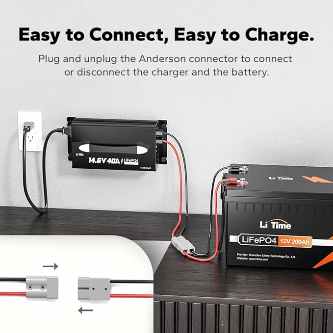 LiTime 14.6V 40A Lithium Battery Charger, Mountable for 12V LiFePO4 Battery with Handle and LED Indicator, AC-DC Smart Charger for 12.8V LiFePO4 Batteries, 40A Fast Charging for RVs, Home