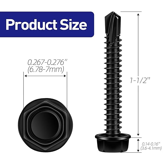 #8 x 1-1/2" Hex Washer Head Self Tapping Screws, TEK Screws, Self Drilling, Stainless Steel 410 Sheet Metal Screws, Black Finish, 100 PCS