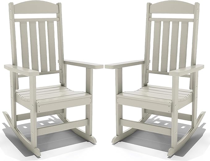 Outdoor Rocking Chairs Set of 2, Oversized High Back Patio Rocking Chairs, All Weather Porch Rocking Chairs for Outside. Sand