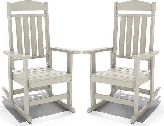 Outdoor Rocking Chairs Set of 2, Oversized High Back Patio Rocking Chairs, All Weather Porch Rocking Chairs for Outside. Sand