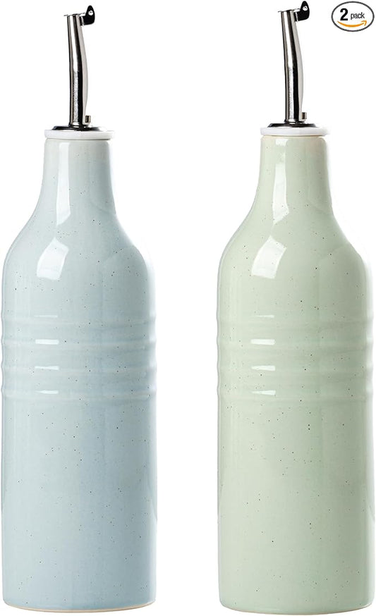 famiware Jupiter 16oz Ceramic Olive Oil Dispenser Bottle, Olive Oil and Vinegar Dispenser Bottle Set of 2 with Stainless Steel Pourers, Suitable for Storage Vinegar, Liquids, Light Blue & Light Green