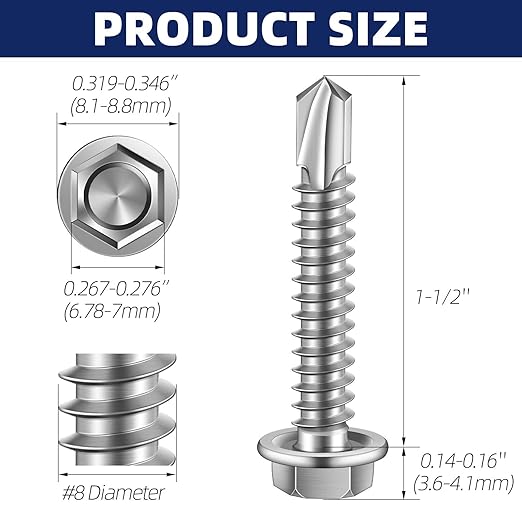 MewuDecor #8 x 1-1/2" Hex Washer Head Self Tapping Sheet Metal Screws with Drill Point, Stainless Steel 410, Self Drilling, 100 PCS