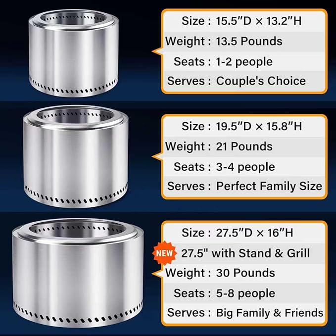 HGD 15" Smokeless Fire Pit Outdoor, Stainless Steel Wood Burning Firepit with Secondary Combustion, Backyard Patio Stove for Garden, BBQ & Bonfire