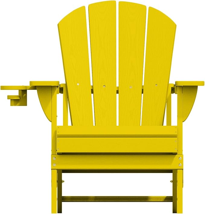Folding Adirondack Chairs with Cup Holders, Set of 4 HDPE Plastic Outdoor Chairs, Weather Resistant, Real Wood Look, Heavy-Duty Patio Furniture for Deck, Fire Pit, Backyard, Yellow
