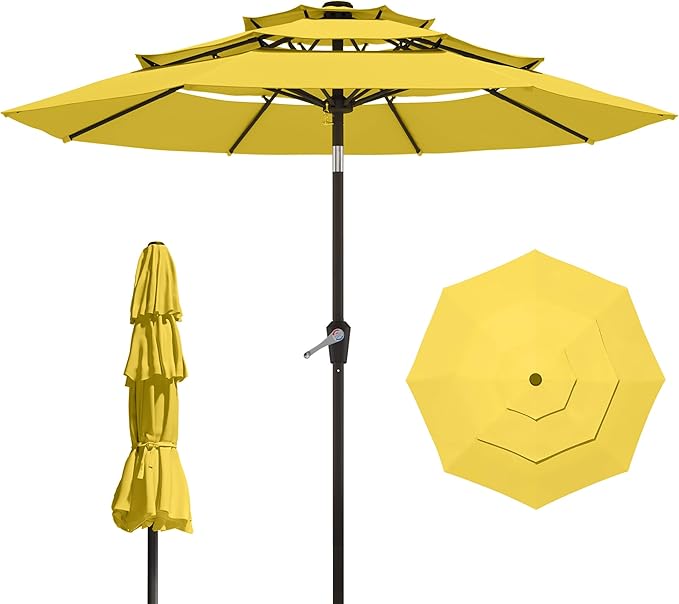 9FT 3 Tiers Patio Umbrella With Auto Tilt and Crank, Outdoor Table Market Umbrella with 8 Sturdy Ribs for Garden,Lawn,Deck,Backyard and Pool,Yellow
