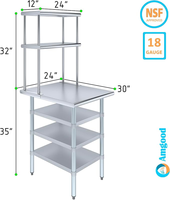 Amgood 30" x 24" Stainless Steel Work Table with 3 Shelves and 12" Wide Double Tier Overshelf | Metal Kitchen Prep Table & Shelving Combo | NSF