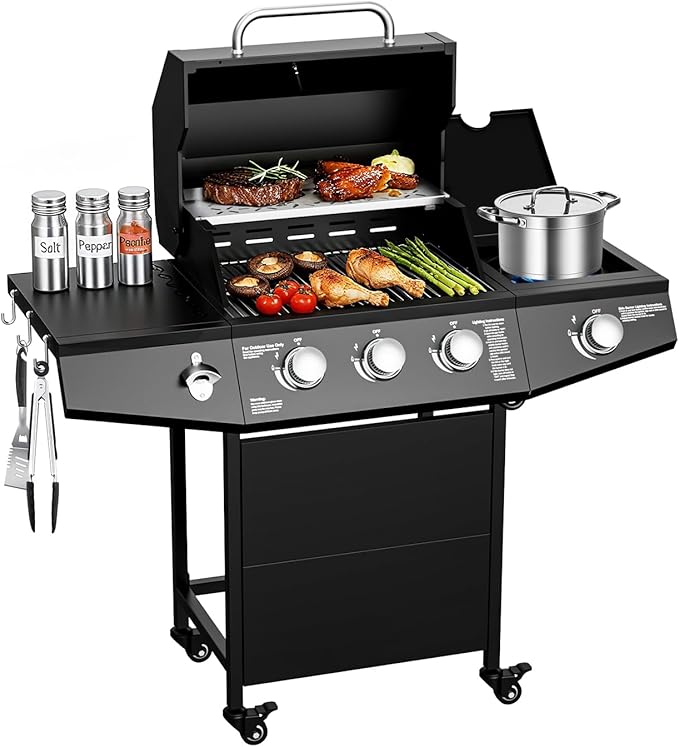40,000 BTU Propane Grill, 3 Burner BBQ Barbecue Gas Grill with Side Burner and Stainless Steel Grates for Patio, Camping, Outdoor Cooking