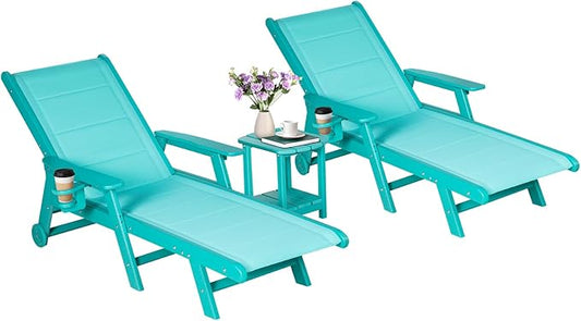 Outdoor Chaise Lounge Chair with Table Set of 3, 5-Position Adjustable Patio Lounge Chair with Wheels & Cup Holder, HDPE Pool Lounge Chair for Outside, Poolside & Beach (Aruba)