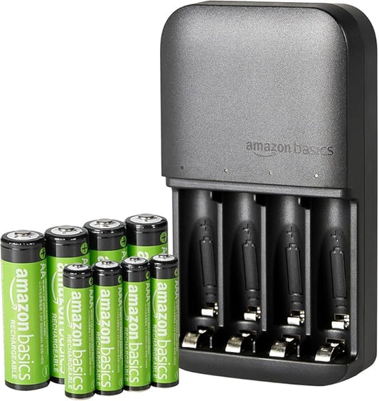 Amazon Basics Rechargeable NiMh Battery with Bay Charger, 8 AAA 800mAh + 8 AA 2000mAh, No AC Power Adapter, USB C Port, Pack of 16, Black
