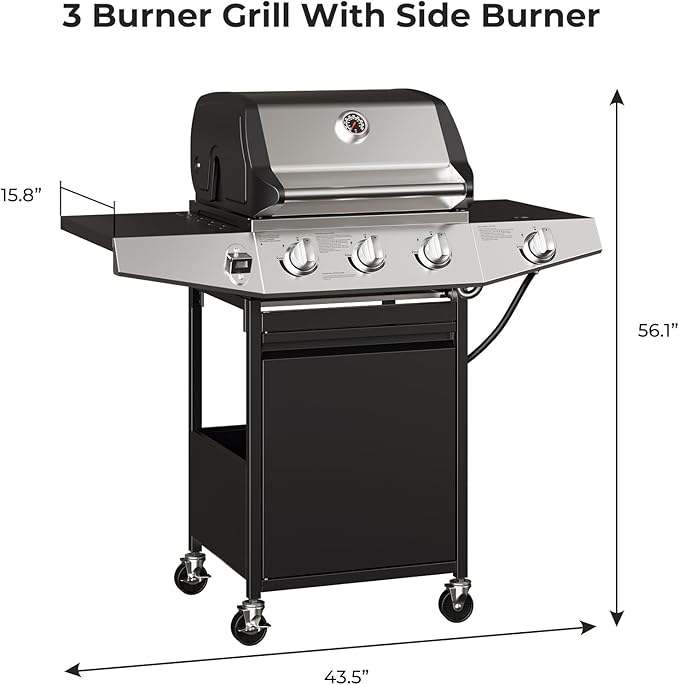 3 Burner Gas Grill with Side Burner,Stainless Steel Propane Grill Outdoor BBQ Grill with Oil Tray and Built-in Thermometer for Outdoor Barbecue, Camping, Patio, Backyard, 39,000 BTU