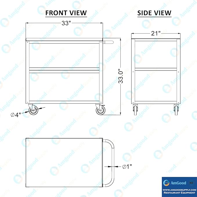 21 in. Wide X 33 in. Long X 33 in High | 3 Shelf Metal Utility Cart on Wheels with Handle