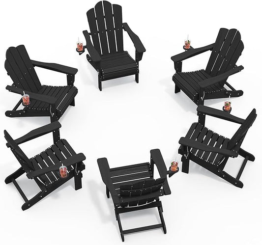 KINGYES Folding Adirondack Chair Set of 6, HDPE All-Weather Patio Chairs with Cup Holder, Wooden Textured Fire Pit Chairs for Poolside, Backyard, Deck, Black