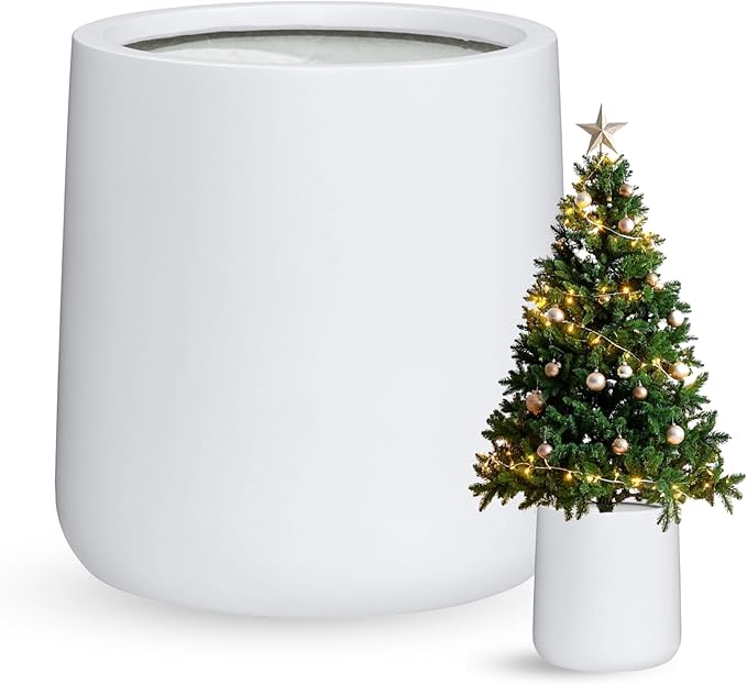 15.3"H x 15"D Conico Fiberstone Round Planter - Christmas Tree Planter, Smooth Finishes, Weather Resistant for Indoor and Outdoor Use, Included 2 Extra Coco Mats (White, 11.7" Pot Opening)