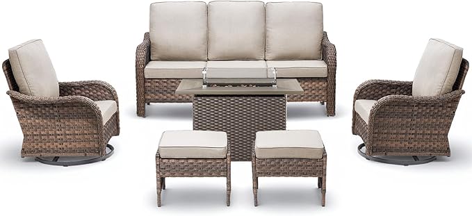 Patio Furniture Set with 42.5" Fire Pit Table-6 Pieces All Weather Wicker Outdoor Furniture with High Back Swivel Patio Chairs Set of 2 Outdoor Couch for Deck Balcony Backyard Brown/Beige