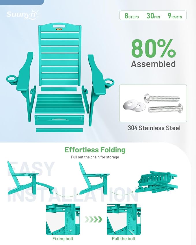 Folding Adirondack Chair with Retractable Ottoman Weather Resistant Fire Pit Chair Patio Chair with 2 Cup Holder Lawn Outdoor Lounge Chair (Tiffany Blue)