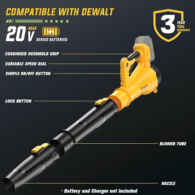 Brushless Leaf Blower Compatible with Dewalt Battery 20V MAX, 6-Speed Adjustable, 600CFM/190MPH(Max), Lightweight(2.6LBS) Leaf Blower for Yard, Patio, Garden, Grass(Tool only)