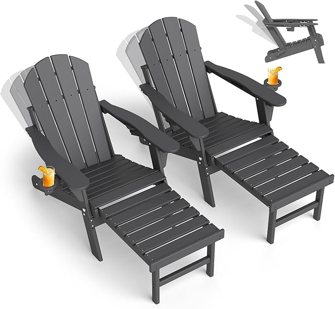 GREENVINES Adjustable Adirondack Chair with Retractable Ottoman Set of 2 | Folding | HDPE Plastic | Fire Pit Chairs w/Foot Rest | 2 Cup Holders | Grey | for Outdoor Patio Poolside Deck