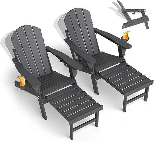 GREENVINES Adjustable Adirondack Chair with Retractable Ottoman Set of 2 | Folding | HDPE Plastic | Fire Pit Chairs w/Foot Rest | 2 Cup Holders | Grey | for Outdoor Patio Poolside Deck