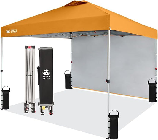 CROWN SHADES 10x10 Pop Up Canopy with 1 Side Wall - Beach Tent with One Push Setup - Outdoor Sun Shade for Events, Parties, Camping - Gazebo with STO-N-Go Cover Bag (Orange)
