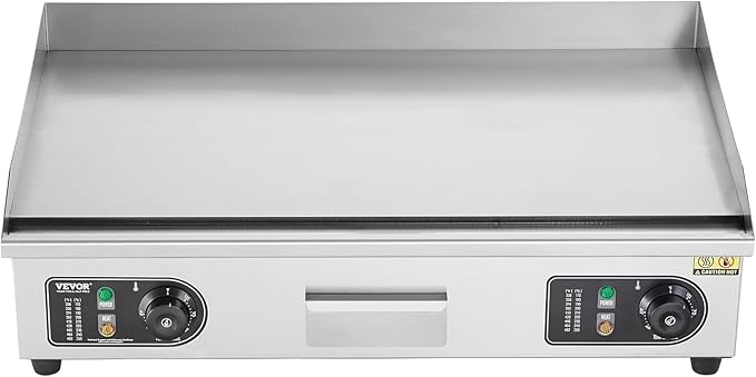 VEVOR Commercial Electric Griddle, 2800W Countertop Flat Top Grill, 122℉-572 ℉ Adjustable Temp, 29in Stainless Steel Griddle Grill with 2 Shovels and 2 Brushes for Home or Restaurant(110V No Plug)