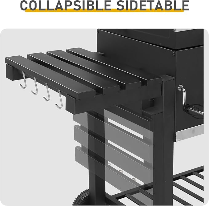 Vasitelan Large Charcoal BBQ Grill with Oversize Cooking Area, Outdoor Cooking Grill with 2 Individual Lifting Charcoal Trays and 2 Foldable Side Tables