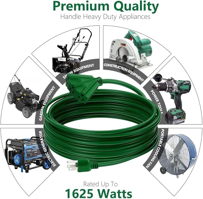 50FT Outdoor Extension Cord, 16/3 SJTW Tri-Tap Power Cable, Weatherproof, Heavy Duty Extension Cord for Holiday Decoration and Landscaping Lights,Green