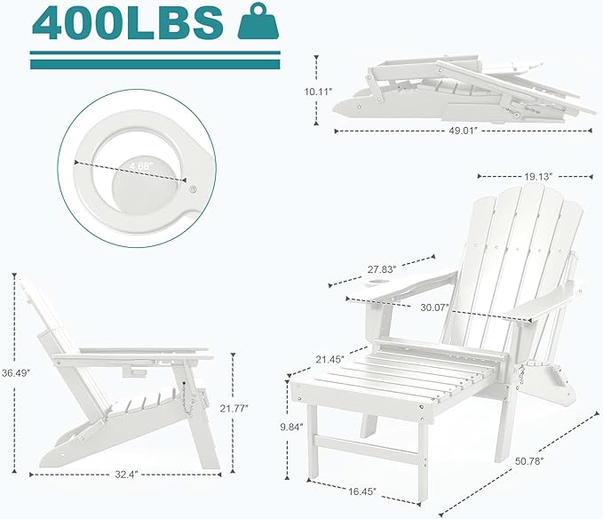 FOOWIN Adjustable Adirondack Chair with Retractable Ottoman, Folding Adirondack Chair with Cup Holder, HDPE All-Weather Fire Pit Chair for Patio, Yard, Poolside, White