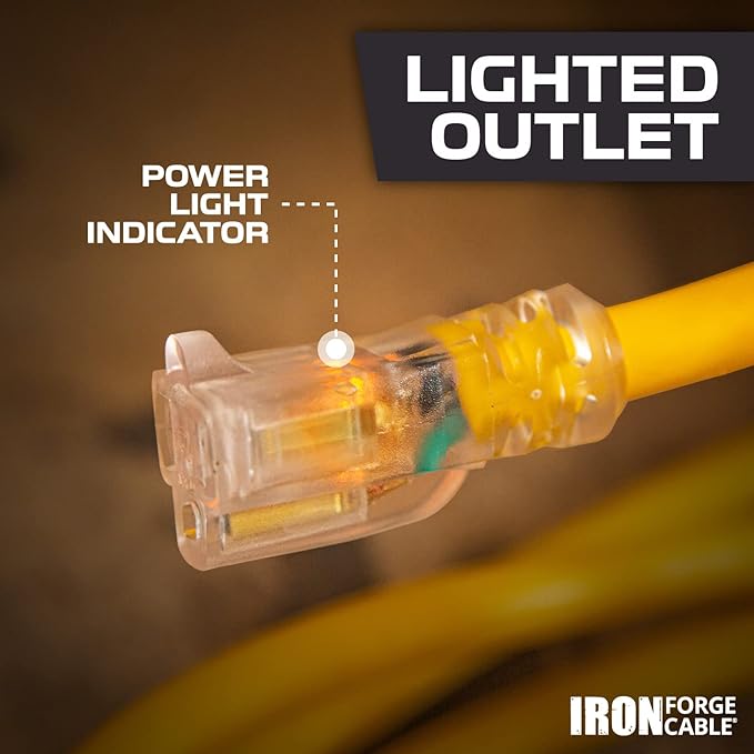 Iron Forge Cable Weatherproof 100 Ft Outdoor Extension Cord - 14/3 SJTW 15 Amp Heavy Duty Yellow Extension Cord 3 Prong - Lighted End