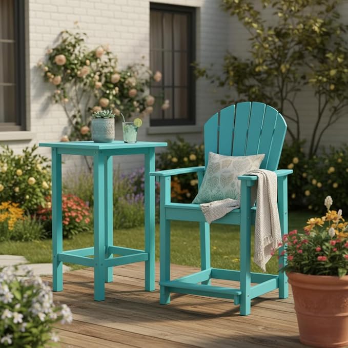 OTSUN Outdoor Tall Adirondack Chairs Set of 4, Patio Bar Stool Chair with High Back, 400lbs, Widened Arms, All-Weather Balcony Chair for Backyard, Garden, Yard - Aqua Blue