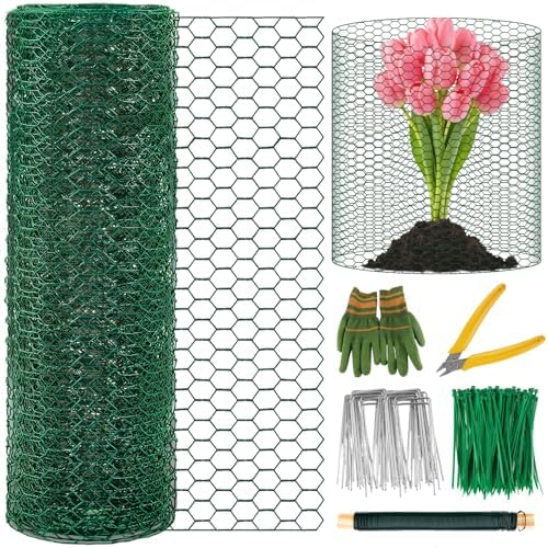 Convivium Plant Protectors from Animals, 0.8mm Free-Cut Green Chicken Wire Mesh, PVC Coated Tree Trunk Guard & Garden Fence for Outdoor Plants with Zip Ties, Stakes, Pliers, Gloves（33Ft*16In）