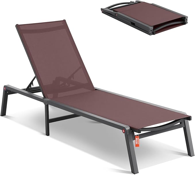 VEVOR Chaise Lounge Chair Outdoor, Aluminum Patio Lounge Chairs with Adjustable 5-Position, Folding Pool Chairs Recliner and Full Flat Tanning Chair for Patio, Beach, Pool, Brown