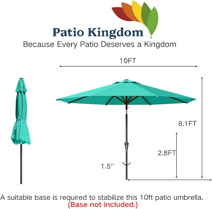 10FT Patio Umbrella Outdoor Market Umbrella with Crank and Tilt, 8 Flexible Fiberglass Ribs, UV-Resistant Waterproof Canopy for Patio, Deck, Garden, Backyard, Turquoise Blue