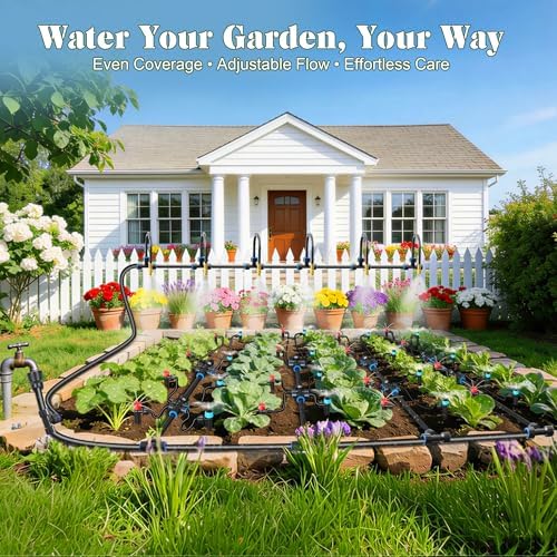 Drip Irrigation Kit for Garden, Automatic Watering System with Quick Connect Fittings, Adjustable Spray Nozzles, Water Saving Irrigation System for Yard, Greenhouse, Lawn & Potted Plants (140FT)