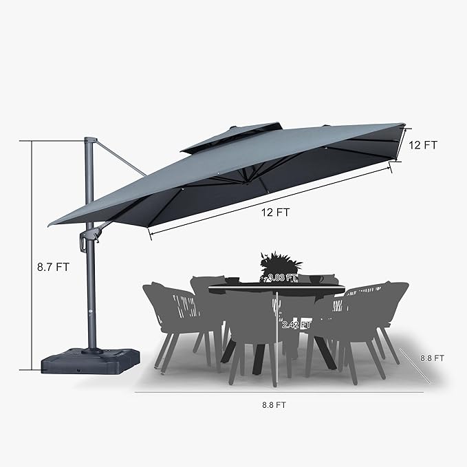 PURPLE LEAF 12 FT Cantilever Umbrella Outdoor Patio Umbrella, Large Offset Square Umbrella, Windproof Heavy Duty Hanging Outside for Patio, Mist Grey