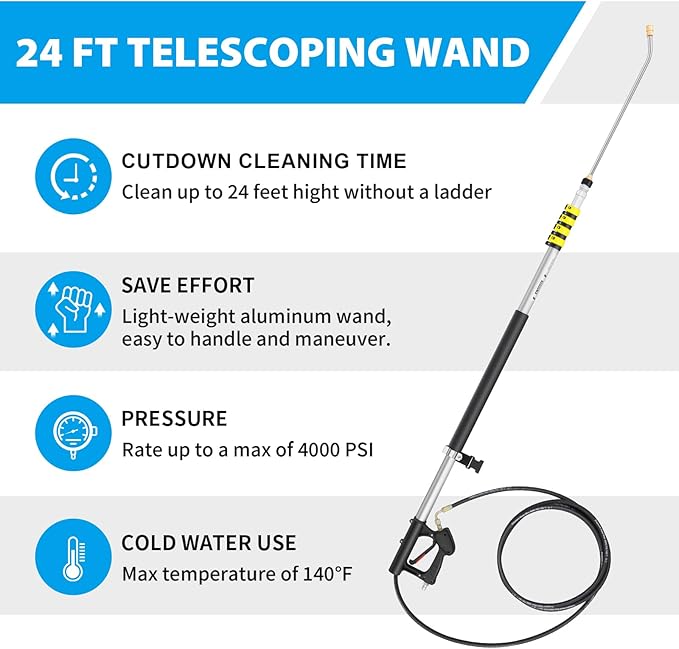 24FT Telescoping Pressure Washer Extension Wand, Aluminum Power Washer Extension Wand, Solar Panel Cleaner Pole with Brush Head, 7 Nozzle Tips, 3 Adapters, Support Belt
