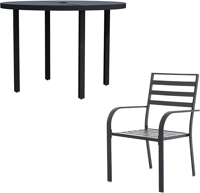 5 Piece Outdoor Dining Set, Patio Dining Set for 4, 42" Black Round Table with 4 Armrest Black Metal Outdoor Dining Chairs for Garden, Lawn, or Porch