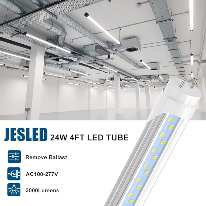 JESLED T8 LED 4FT Type A+B Light Bulbs, 24W(65W Equivalent), 3000LM, 6000K Super Bright, Plug and Play or Ballast Bypass, 4 Foot LED Fluorescent Tube Replacement, ETL Listed, Dual-Ended, Clear(4-Pack)