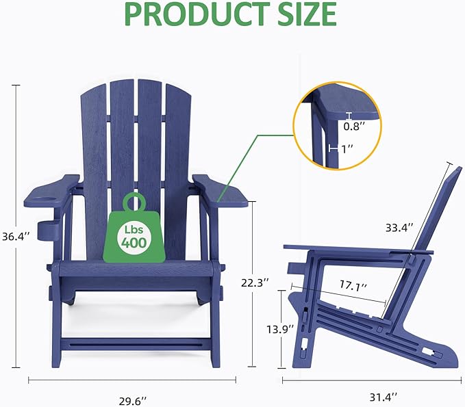 Modern Adirondack Chair, HDPE Plastic Adirondack Chairs, Plastic Outdoor Lawn Chairs for Fire Pit, Deck, Porch, Backyard, Garden, Navy Blue