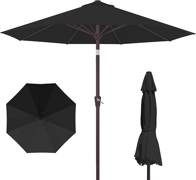 PatioKingdom 10FT Patio Umbrella with Push Button Tilt and Crank, Outdoor Market Umbrella with 8 Fiberglass Ribs, UV Protection Table Umbrella for Pool,Backyard,Garden,Deck(Black, 10FT)