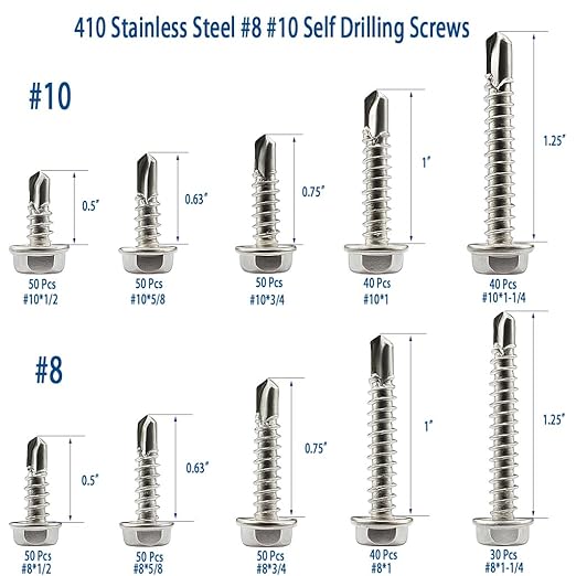 450Pcs Self Drilling Metal Screws, 410 Stainless Steel Hex Flange Head with Drill Point (#8#10), Sheet Metal Screws Assortment Kit in Plastic Box - for HVAC, Roofing, Automotive, Fencing