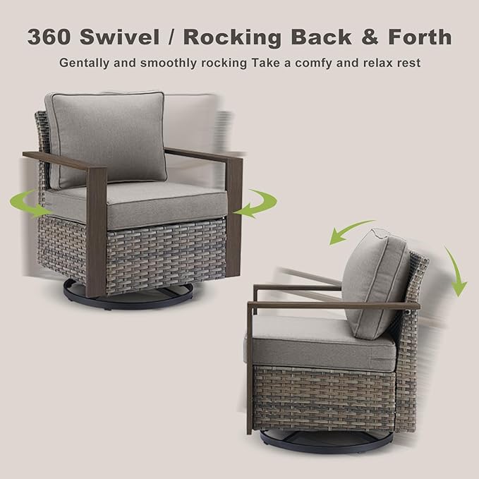 Rilyson Outdoor Patio Swivel Rocker Chairs - Wicker Rattan Patio Swivel Rocking Chairs Set of 2 with Metal Wide Armrest, Thick Cushions and Deep Seating for Deck Porch Sunroom Garden(Mixed Grey/Grey)