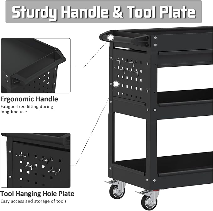 3 Tier Rolling Tool Cart, 400 LBS Capacity Mechanic Tool Carts on Wheels, Heavy Duty Utility Cart with Drawers, Metal Work Cart for Garage, Warehouse and Repair Shop, Matte Black