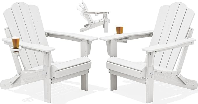 KINGYES Folding Adjustable Backrest HDPE Adirondack Chair Set of 2, White