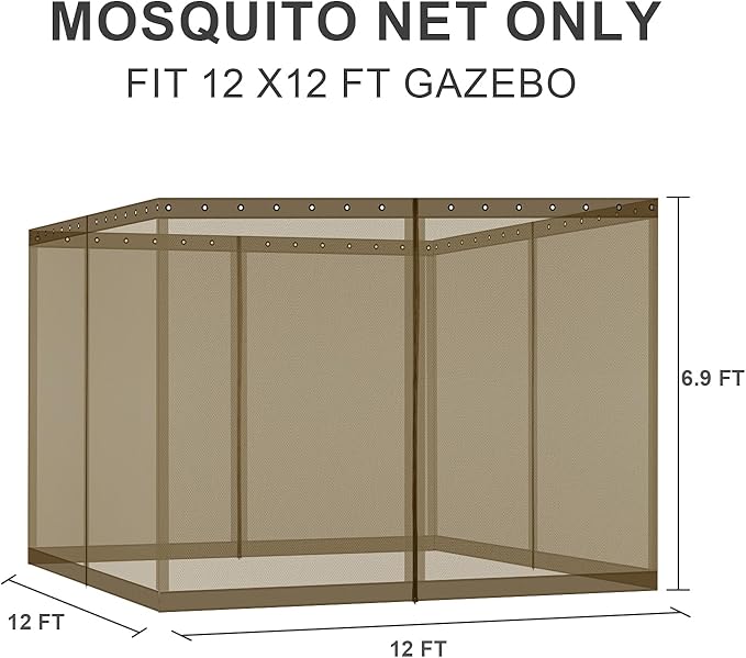 BPS 12' x 12' Gazebo Universal Mosquito Netting Screen Replacement, 4-Panel Screen Walls with Double Zippers for Outdoor Patio, Brown (Mosquito Net Only)