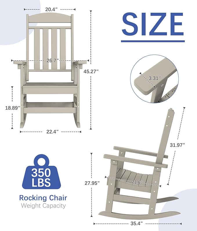 FOOWIN Outdoor Rocking Chair Set of 6, High Back Patio Rocking Chair, HDPE All Weather Resistant Porch Rocker for Adult, Oversized Rocking Chairs for Garden, Lawn, Indoor & Outdoor Use, Sand