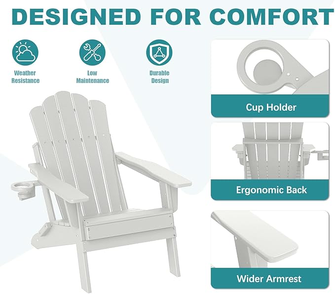 FOOWIN Adjustable Adirondack Chair, Folding Adirondack Chair with Cup Holder, HDPE All-Weather Fire Pit Chair with 3 Recline Positions, Suitable for Patio, Garden, Backyard, Poolside, Grey