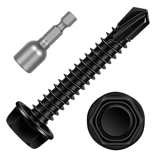 #12 x 1-1/4" Hex Washer Head Self Tapping Screws, TEK Screws, Self Drilling, Stainless Steel 410 Sheet Metal Screws, Black Finish, 50 PCS