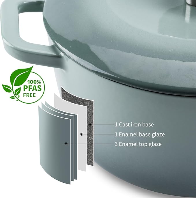Enamel Cast Iron Dutch Oven with Lid,Dual Handles,Heavy-Duty Cookware for Sourdough Bread Baking,Braising,Stews,Roasting,Oven Safe up to 500° F,7QT,green